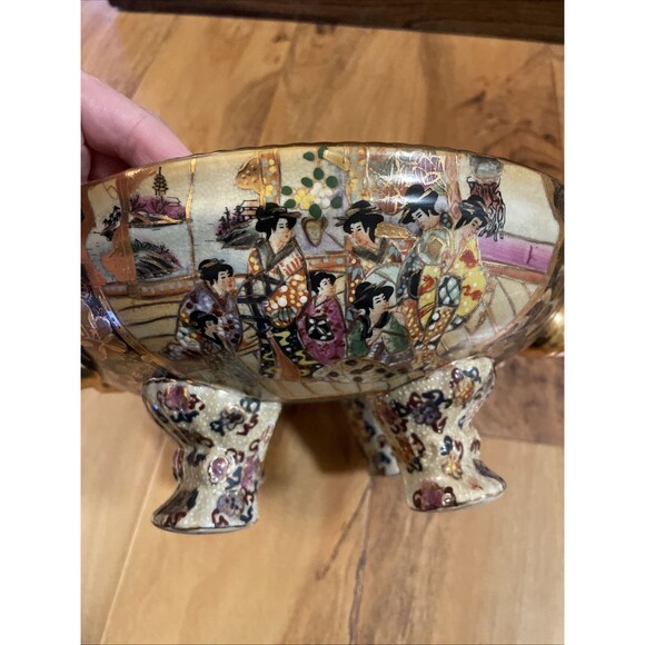 VTG Satsuma Hand Painted Decorated Moriage & Gilt Geishas Covered Footed Dish - Picture 12 of 16